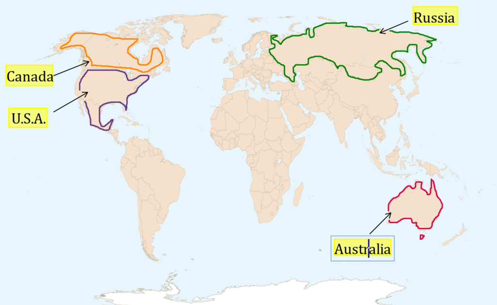World Map showing federal countries such as Canada, USA, Russia and Australia | Class 10th | Federalism | Civics